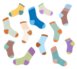 Collection of vector vintage socks. Colored retro socks icons isolated on white background