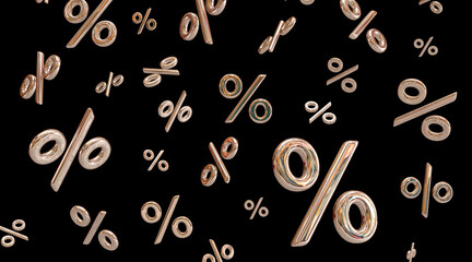 Percentage background. 3d render illustration. Black Friday.  Fall percent. Promotion finance background for sale offer. Sale wallpaper. Gold percent.