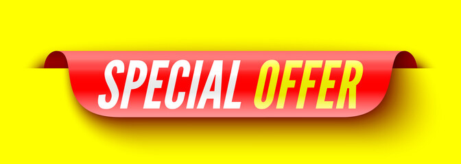 Special offer red banner on yellow background. Sticker. Vector illustration.