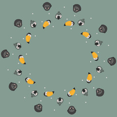 Cute round frame of gray parrots,  rainbow toucans, western gorillas characters heads and white circles on a gray background. Template of Jungle wild animals portraits. Copy space. Vector.