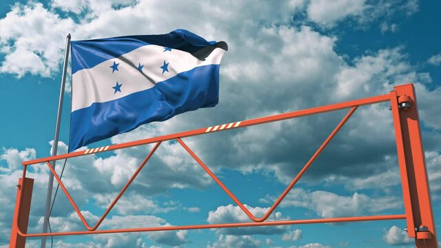 Swing arm road barrier and flag of Honduras, entry ban related 3d animation