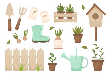Set spring gardening wooden fence, birdhouse, flowerpot, hyacinth and wooden box isolated on white background. Textured, detailed objects decoration, beige elegant colour in cartoon style.