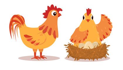 illustration of a pair of a rooster and a hen next to a nest with eggs.