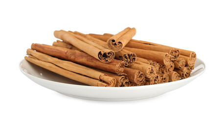 Aromatic dry cinnamon sticks on white background