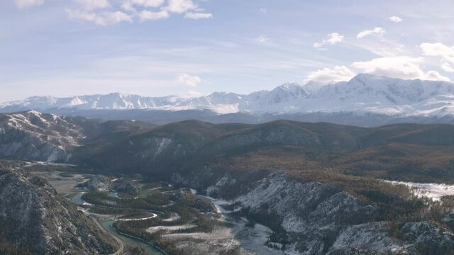 Epic landscape shot of rivers and snow mountain peaks