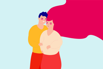 Flat character of husband supports and cares and loves his pregnant wife. man embraces his woman during her pregnancy. Woman expecting a new baby and family support concept. Vector illustration.