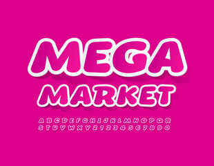 Vector pink banner Mega Market. Bright creative Font. Sticker style Alphabet Letters and Numbers set