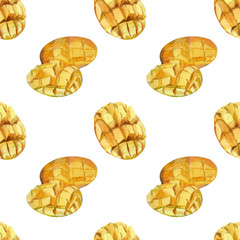 Juicy Mango. Seamless watercolor pattern. Hand drawn realistic illustration for fabric, plates, mugs design.