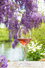One glass of pink wine on the table outdoors with blooming purple wisteria near the river. Close up, selective focus
