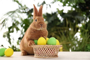 Cute bunny and basket with Easter eggs on table against blurred background. Space for text