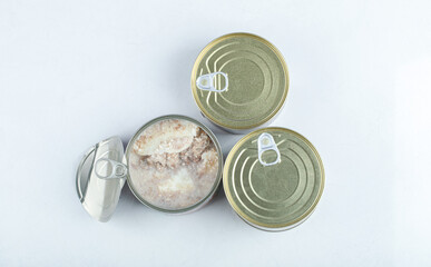 Top view of open or clos can on white background. Canned beef