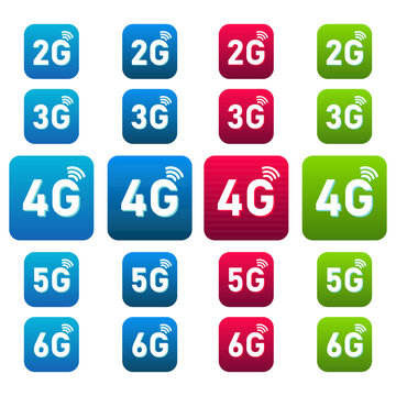 2g, 3g, 4g, 5g, 6g icon set for internet and phone. Vector illustration isolated on white background.