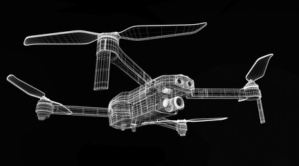 Drone 3D model on black background - obrazy, fototapety, plakaty