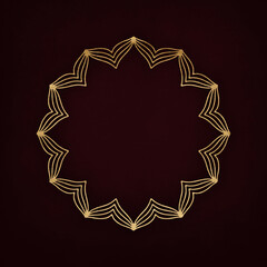 Golden shiny glowing ornate frame isolated over dark red. Golden luxury elegant border. Illustration template.