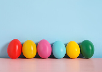Easter eggs on pink wooden table against light blue background, space for text