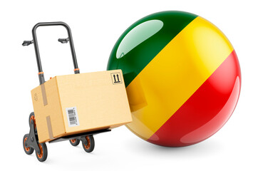 Parcel on the hand truck with Congo flag. Shipping in Congo, concept. 3D rendering