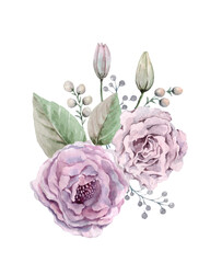   Delicate pink peonies, buds and decorative berries, green leaves. Floral pastel watercolor wedding bouquet on white background for cards, invitations, print, background, textiles, packaging.