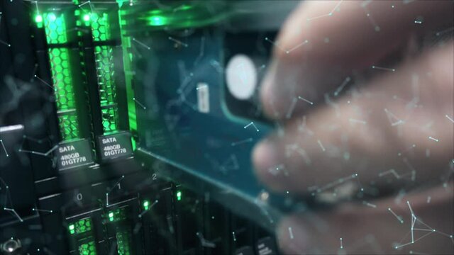 The sysadmin pulls the hard drive out of the system by pressing a button and removing it. 3d Animation. Futuristic Line and Dot Digital Technology Concept.