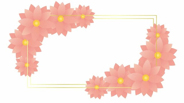 Animated pink flowers are blooming. Floral frame with copy space. Looped video. Vector illustration isolated on white background.