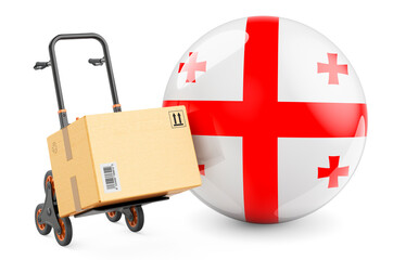 Parcel on the hand truck with Georgian flag. Shipping in Georgia, concept. 3D rendering