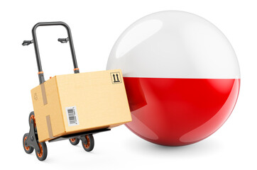 Parcel on the hand truck with Polish flag. Shipping in Poland, concept. 3D rendering