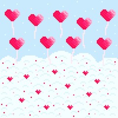 Clouds and hearts pixel art. Valentine's Day heart balloon on background with clouds pixel.