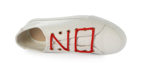 Stylish shoe with red laces on white background