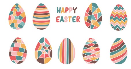 Easter colorful eggs set with different decor. Spring holiday. Vector illustration isolated on white background.