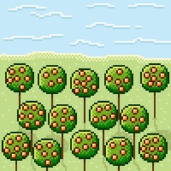 Orange garden pixel art. Orange tree pixel art. Vector picture.