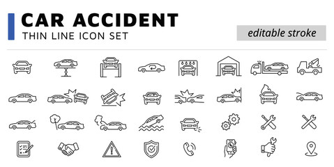 Car accident crash icon, icons. Automobile thin line icon set.