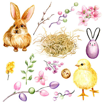 Easter clip art set with eggs, chick and bunny.