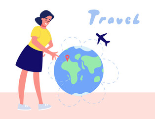 the girl chooses where to fly on the world globe. Vector flat illustration.