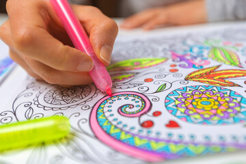 Coloring book for adults. Drawing as a hobby. Concentration activities to relieve stress. Relaxation and psychotherapy.