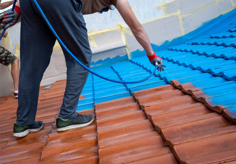 Professional covering old roof tiles with protective layer. He is using high pressure equipment. Before and after, blue and red terracotta. Work at height. © Branimir