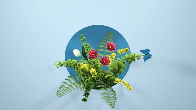 Beautiful botanical blue background with blooming flowers and flying butterfly. 3d rendering