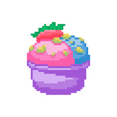 pixel art colorful ice cream icon. Vector 8 bit pink and blue ice cream in a cup with strawberry. Mosaic sweet dessert illustration. Gaming style of cup of ice cream with two flavors.