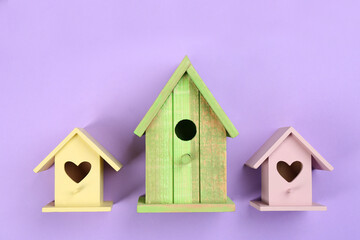 Obraz na płótnie Canvas Collection of handmade bird houses on violet background, flat lay