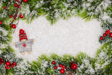 Fototapeta na wymiar Christmas greeting card. Christmas border with copy space. Noel festive background. New year symbol. Children playing theme.