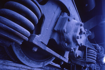 Wheelset of a Railway Dump Car, close-up.