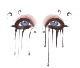 illustration of blue eyes with black shadows and smudges of tears and makeup