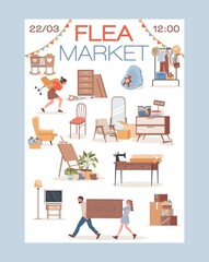 Flea market vector flat invitation poster design. Happy smiling people, men, and women carrying, buying, selling vintage clothes, furniture, and home decor. Garage sale banner concept.