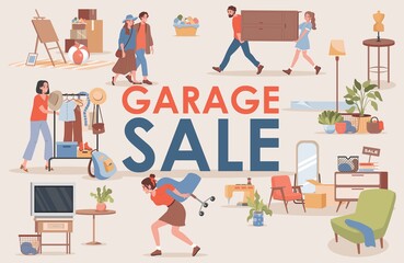 Garage sale vector flat banner template with text space. Happy smiling men and women buy and sell vintage clothes and furniture. Second hand shop or flea market poster concept.