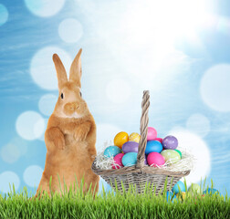 Cute bunny and wicker basket with colorful Easter eggs on green grass outdoors