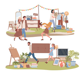Garage sale outdoor vector flat illustration. Men and women buying vintage clothes, goods, and home furniture at flea market. Second hand shop or family movement concept.