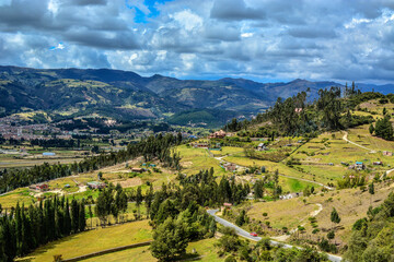 Boyaca, paipa Colombia, looking at mountain range and farms