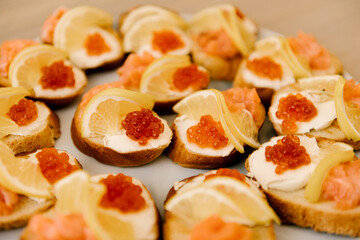 Delicious spicy tomato Italian snacks, or bruschetta, on slices of toasted baguette, decorated with basil, red fish, ham on a wooden board