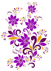 Ornament with purple flowers on an isolated background. Floristic composition with flowers and decorative elements on a white background. For the decoration of goods, dishes, decorative pillows.