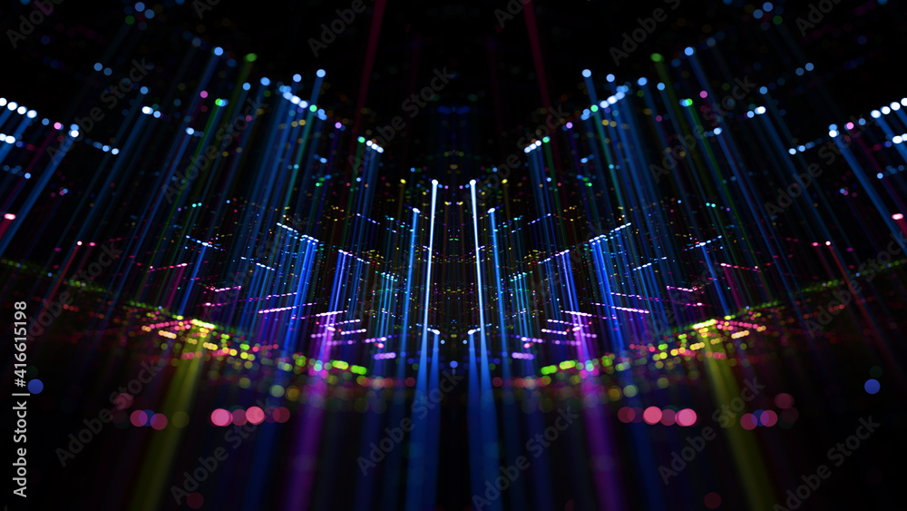 Poster neon light show, abstract blue background. background of an ceiling with neon light. abstract backgr