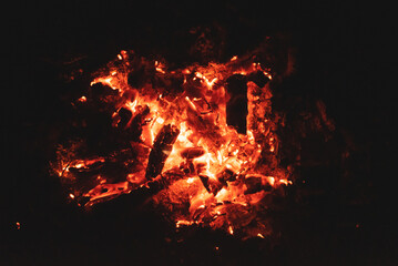 Burning coals at night top view background.