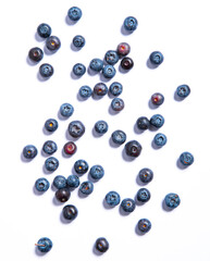 Fresh blueberries background. Bilberries isolated on white backdrop. Healthy vegan snack of berries. Top view